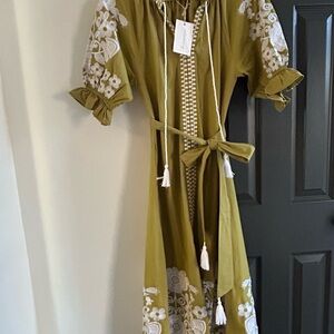 Olive Green Embroidered Dress with Puff Sleeves